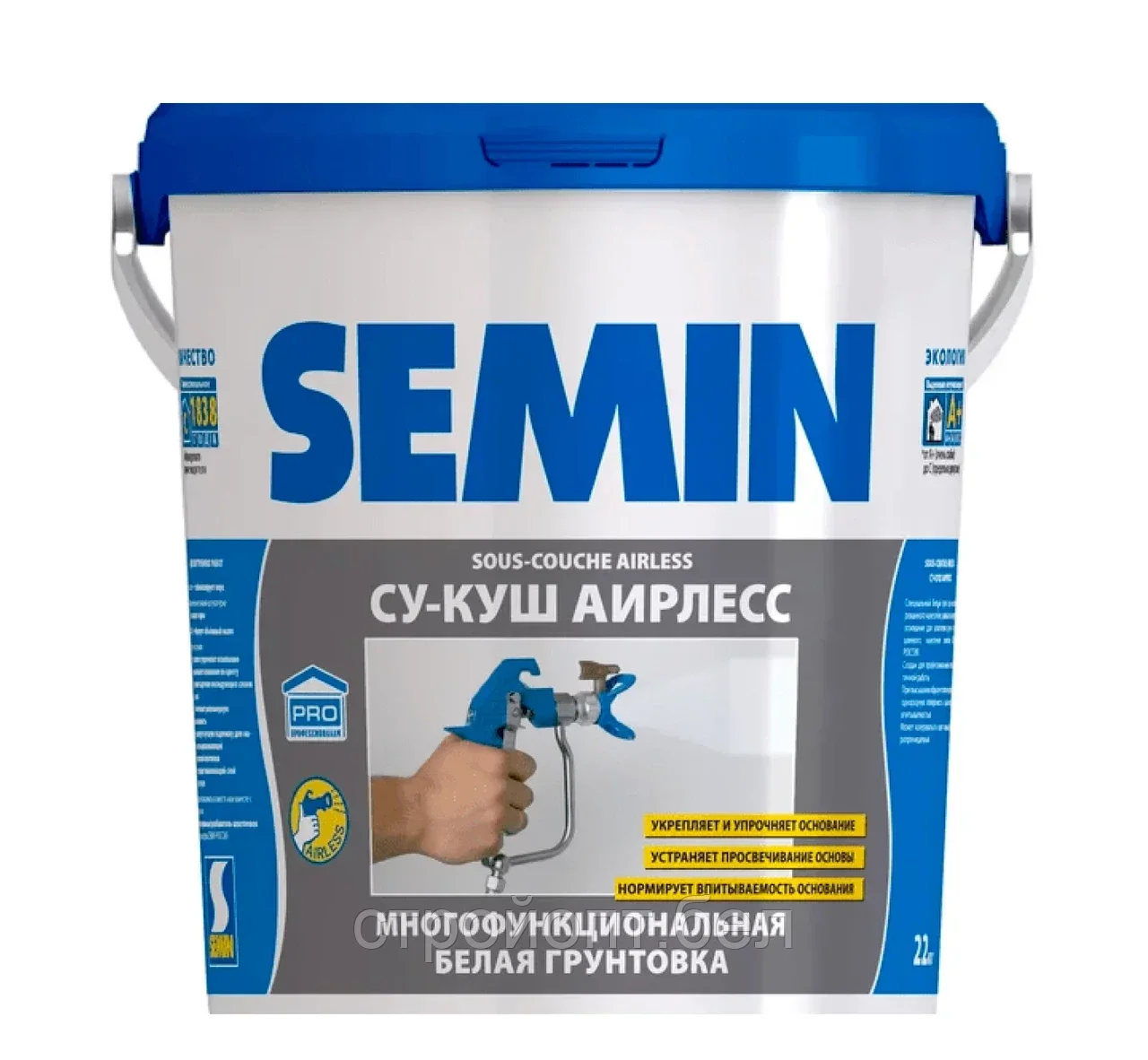 Белая грунтовка для безвоздушного нанесения под обои Semin Sous-Couche (синяя крышка), 22 кг