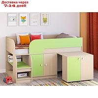 Детская кровать-чердак "Астра 9 V8", выдвижной стол, цвет дуб молочный/салатовый