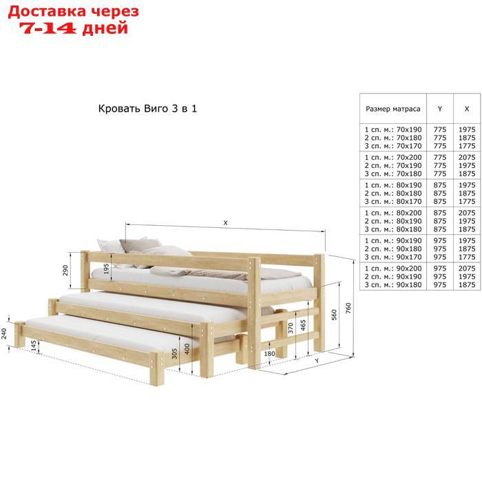Кровать "Виго" с выдвижным спальным местом 3 в 1, 70 × 200 см, массив сосны, без покрытия - фото 4 - id-p226986112