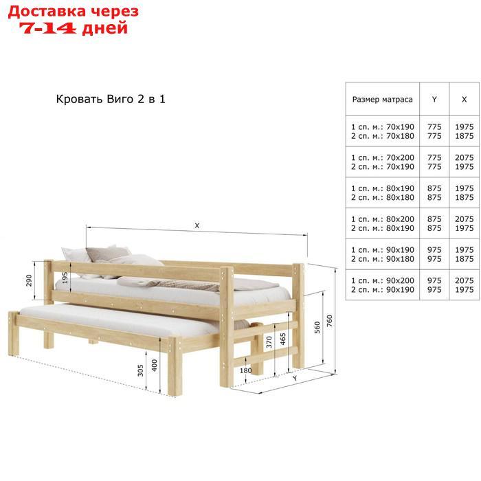 Кровать "Виго" с выдвижным спальным местом 2 в 1, 80 × 190 см, массив сосны, без покрытия - фото 4 - id-p226986113