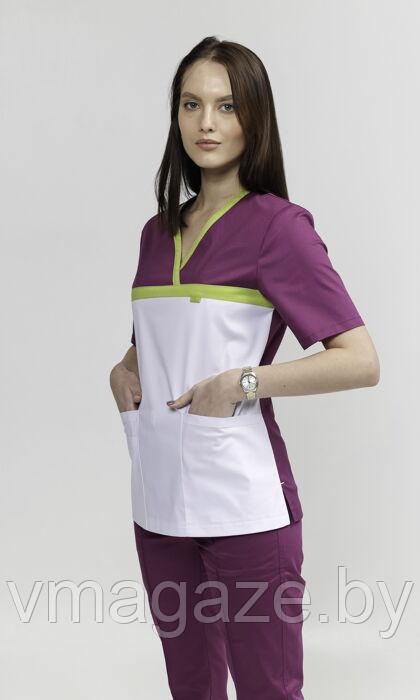 Медицинская женская блуза стрейч (цвет бело-бордовый) - фото 5 - id-p176438535