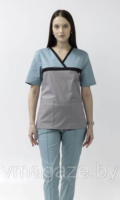 Медицинская женская блуза стрейч (цвет серо-бирюзовый) - фото 2 - id-p176497479