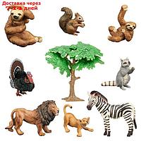 Набор фигурок: индюк, белка, 2 льва, енот, зебра, 2 ленивца, 9 предметов
