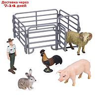 Набор фигурок "На ферме": баран, кролик, петух, свинья, рейнджер, ограждение, 6 предметов