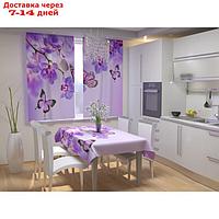 Фотошторы для кухни "Бабочки у воды с орхидеями", размер 150 × 180 см, габардин