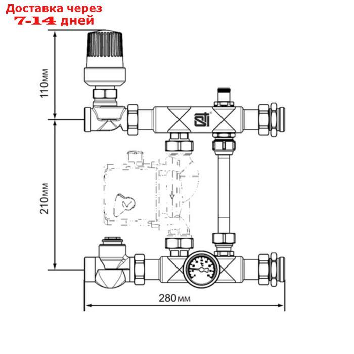 Насосно-смесительный узел STI Е011-1, 1", L=210/130 мм, с термогол и термостат, без насоса - фото 2 - id-p227030640