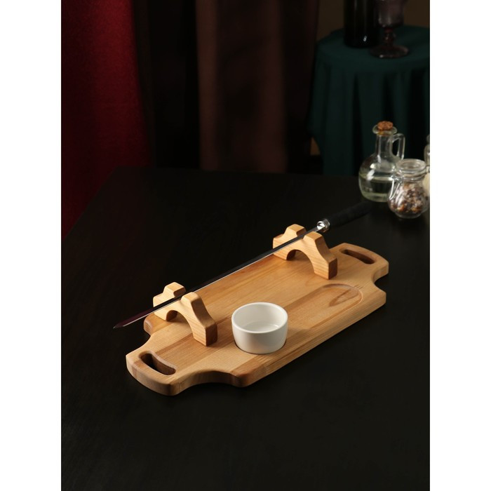 Подарочный набор для подачи шашлыка: доска - тарелка 40×18×5,5 см, шампур 1 шт, опахало, соусник, берёза - фото 2 - id-p227297920