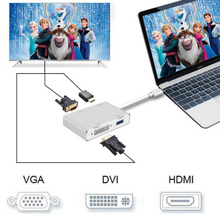 Адаптер - переходник - хаб 4in1 USB3.1 Type-C на HDMI - VGA - DVI - USB3.0, серебро 555697 - фото 6 - id-p138002201