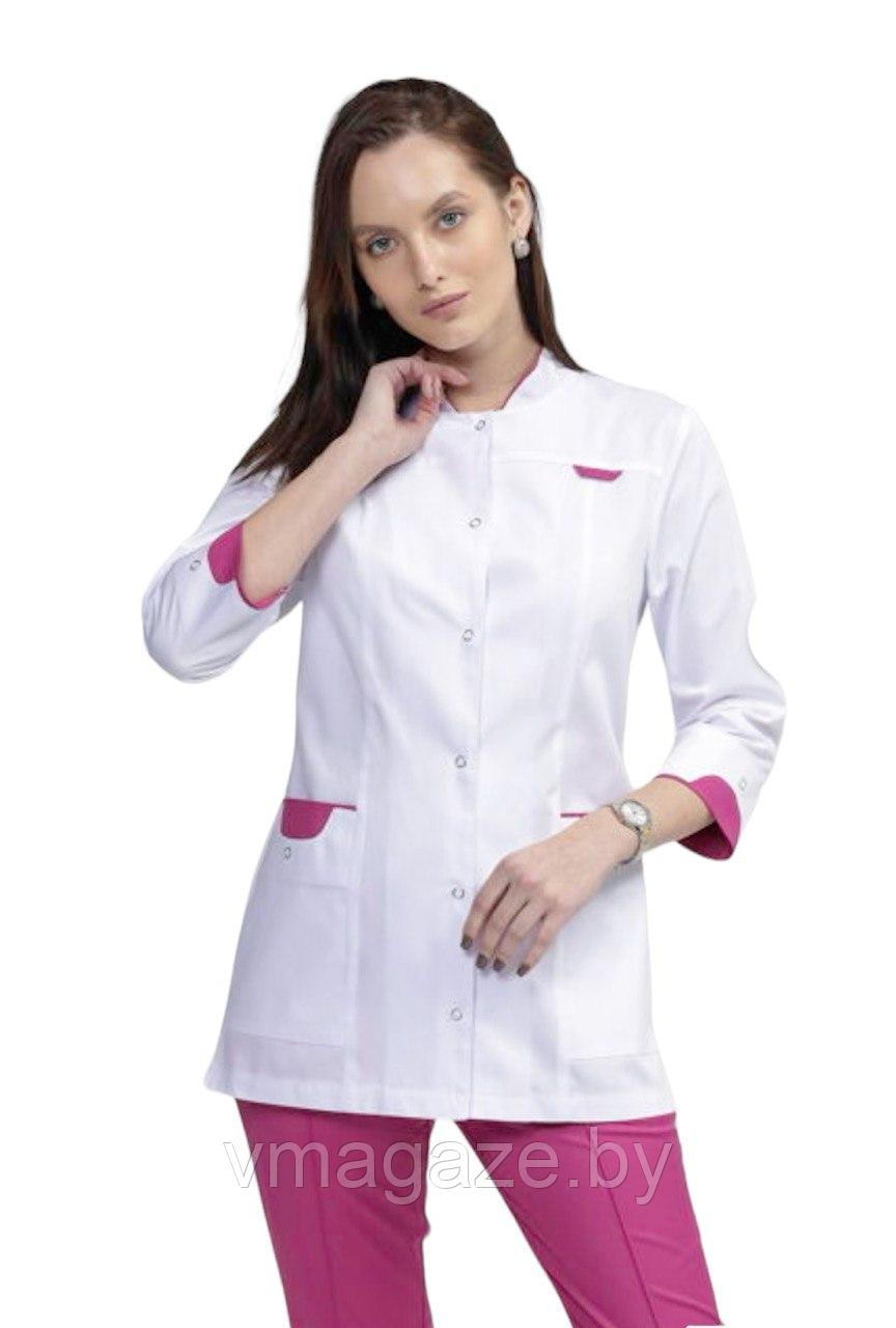 Медицинский жакет, женский (отделка розовая, цвет белый) - фото 3 - id-p176504366