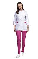 Медицинский жакет, женский (отделка розовая, цвет белый)