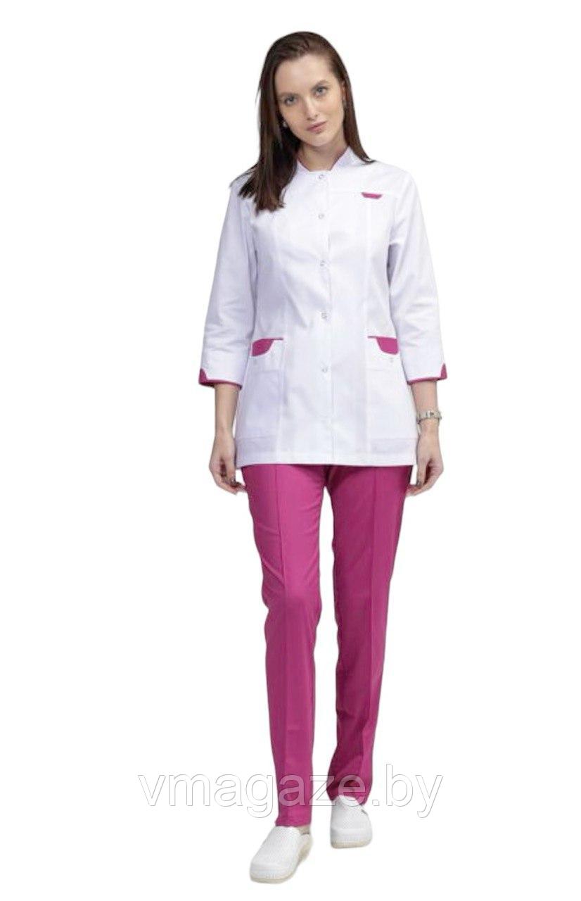 Медицинский жакет, женский (отделка розовая, цвет белый) - фото 1 - id-p176504366