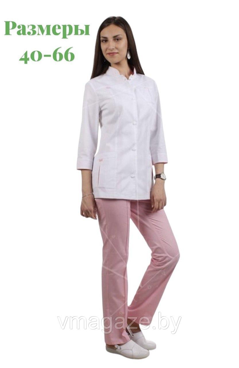 Медицинский жакет женский (отделка розовая, цвет белый) - фото 1 - id-p176473773