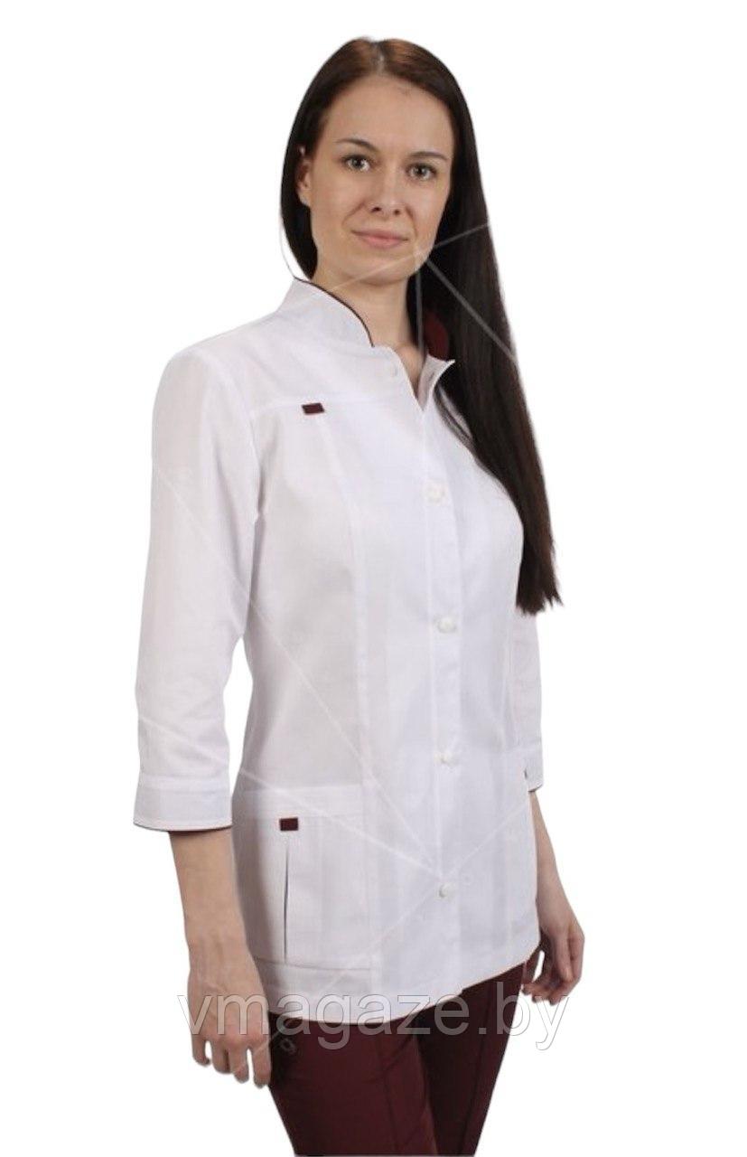 Медицинский жакет женский (отделка бордо, цвет белый) - фото 2 - id-p176473724