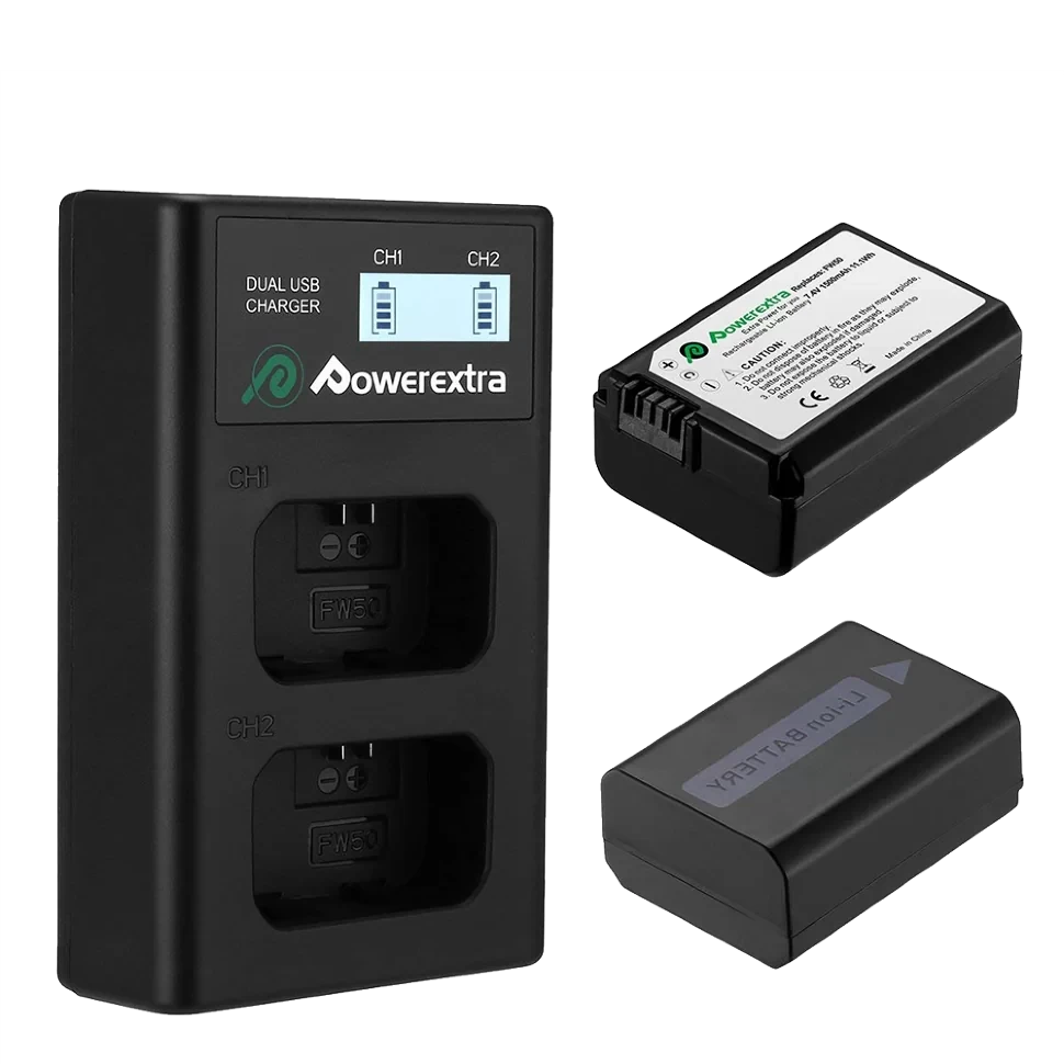 2 аккумулятора NP-FW50 + зарядное устройство Powerextra CO-7131 - фото 1 - id-p226743608