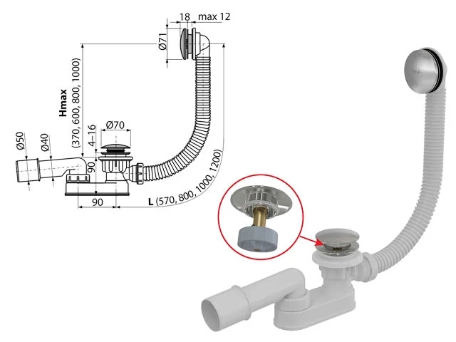 Сифон для ванны click/clack металл, Alcaplast