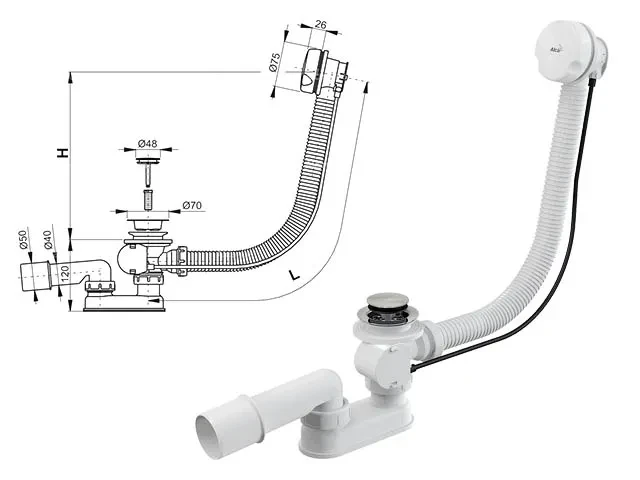 Сифон для ванны автомат комплект, белый (длина 80 см), Alcaplast - фото 1 - id-p199806263