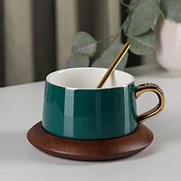 Чайная пара керамическая с ложкой «Улун», 2 предмета: чашка 280 мл, блюдце d=13 см, цвет зелёный