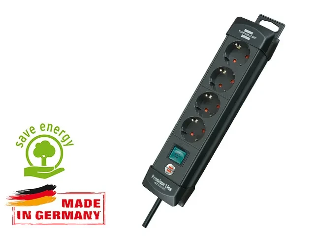Удлинитель 1.8м (4 роз., 3.3кВт, с/з, выкл., ПВС) черный Brennenstuhl Premium-Line (провод 3х1,5мм2, сила тока - фото 1 - id-p199810455