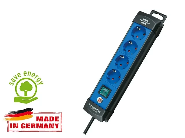 Удлинитель 1.8м (4 роз., 3.3кВт, с/з, выкл., ПВС) черный/синий Brennenstuhl Premium-Line (провод 3х1,5мм2, - фото 1 - id-p199810456