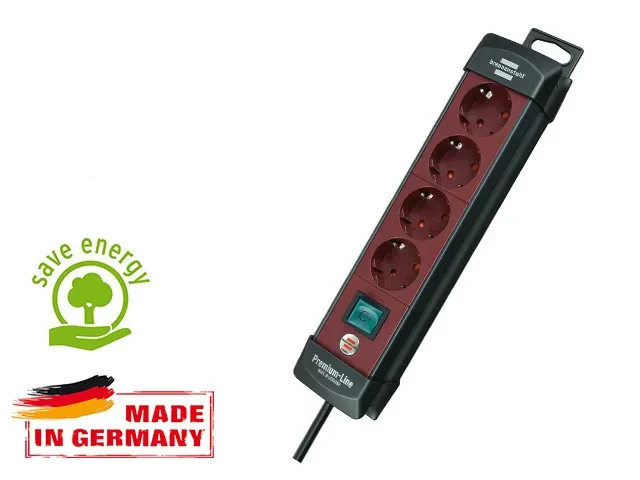 Удлинитель 1.8м (4 роз., 3.3кВт, с/з, выкл., ПВС) черный/бордовый Brennenstuhl Premium-Line (провод 3х1,5мм2, - фото 1 - id-p199810457