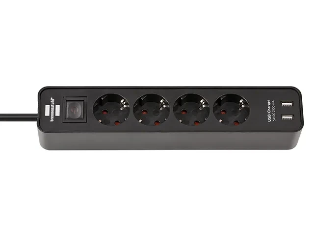 Удлинитель 1.5м (4 роз., 3.3кВт, с/з, 2 USB порта, выкл., ПВС) черный Brennenstuhl Eco-Line (провод 3х1,5мм2, - фото 1 - id-p199810483