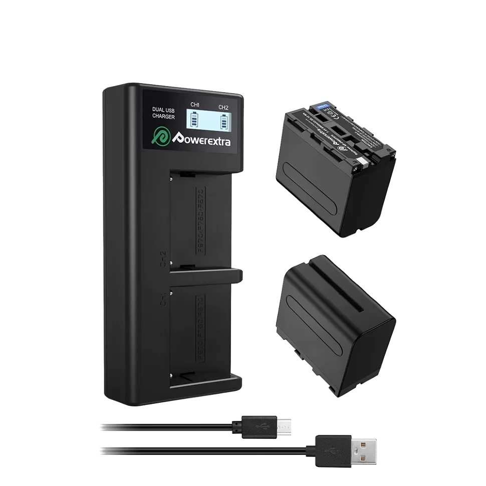 2 аккумулятора NP-F970 + зарядное устройство Powerextra SN-F970LCD-B (micro USB) - фото 1 - id-p226743605