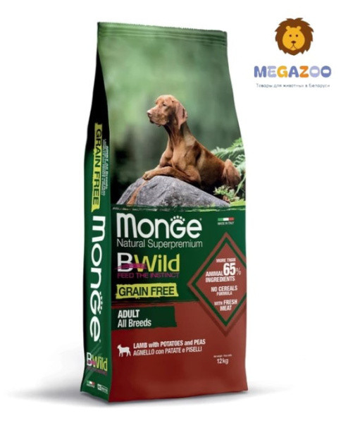 Сухой корм для собак Monge Dog BWild GF Adult All Breeds (ягненок, картофель, горох) 12 кг - фото 1 - id-p223626247