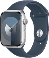 Apple Watch Series 9 45 мм (алюминиевый корпус, серебристый/штормовой синий спортивный силиконовый) MR9E3