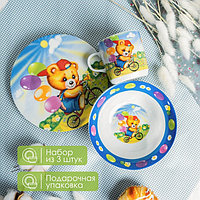 Набор детской посуды из керамики Доляна «Мишка на велосипеде», 3 предмета: кружка 230 мл, миска 400 мл,