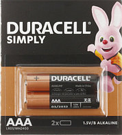 Батарейка щелочная Duracell Simply AAA, LR03, 1.5V, 2 шт.