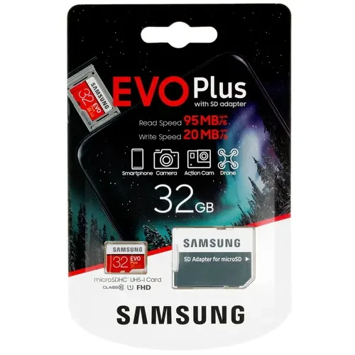 Карта памяти MicroSD 32GB - Samsung Evo Plus, класс 10, UHS-I, скорость: 95/20 Mb/s + адаптер - фото 1 - id-p149074949