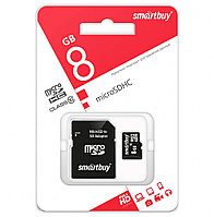 Карта памяти MicroSD 8GB - SmartBuy, класс 10, скорость: 23/17 Mb/s + адаптер