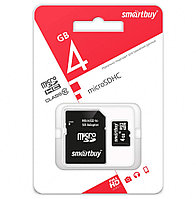 Карта памяти MicroSD 4GB - SmartBuy, класс 10, скорость: 25/14 Mb/s + адаптер