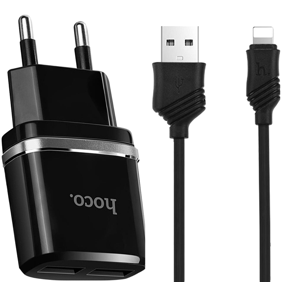 Сетевой адаптер HOCO C12 Smart Чёрный + кабель Lightning 1м - фото 1 - id-p226740654