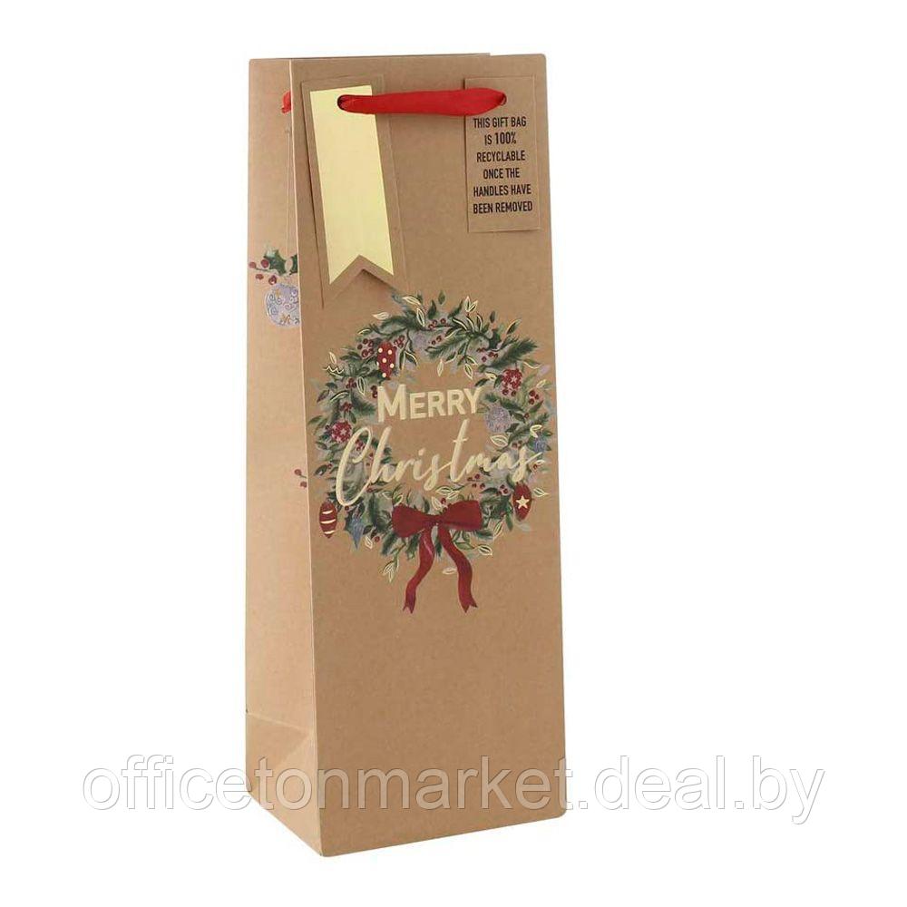 Пакет бумажный подарочный "Xmas Wreath Kraft" для бутылки, 12.7x9x35.5 см, разноцветный - фото 1 - id-p223832604