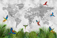 Фотообои листовые Vimala Карта мира с попугаями