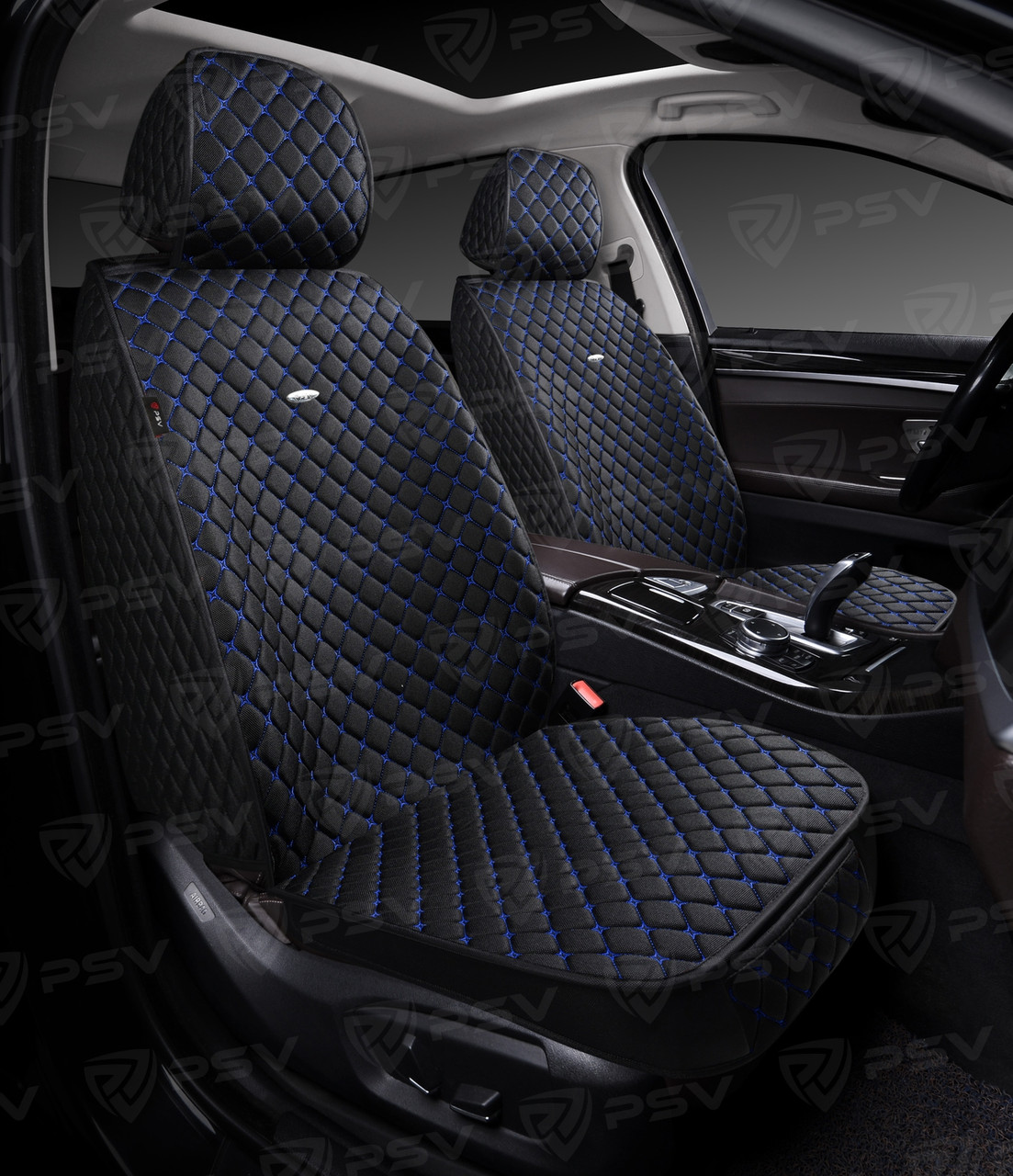 Накидки 5D PSV Len 2 FRONT (Черный/Отстрочка Синяя),на передние сиденья, лен (НОВИНКА)