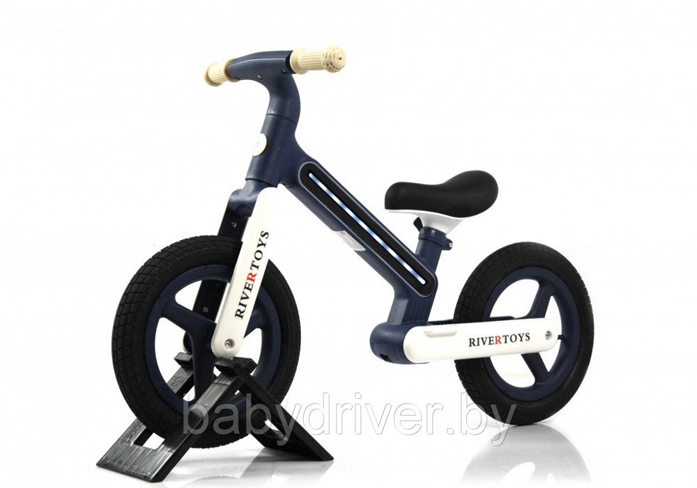 Детский беговел RiverToys HB-002 (сине-белый) 12 дюймов, LED подсветка рамы