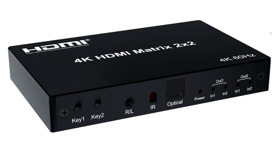 Матричный коммутатор - свитч-сплиттер 2×2 HDMI PRO, 4K 60HZ, оптика (Toslink/SPDIF), jack 3.5mm (AUX), пульт,