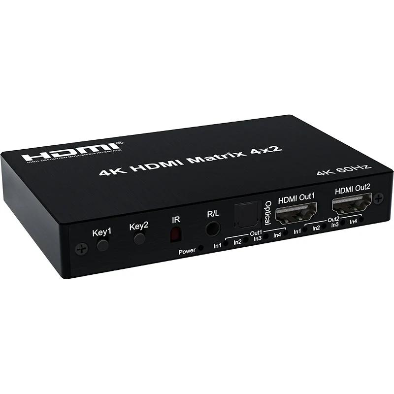 Матричный коммутатор - свитч-сплиттер 4×2 HDMI PRO, 4K 60HZ, оптика (Toslink/SPDIF), jack 3.5mm (AUX), пульт,