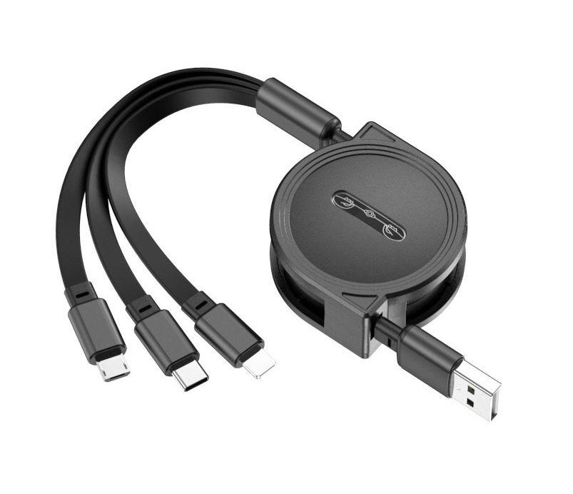 Универсальный зарядный кабель 3-в-1 USB Type-C - Lightning - MicroUSB с боксом для скрутки, 2А, 1 метр, черный, фото 1
