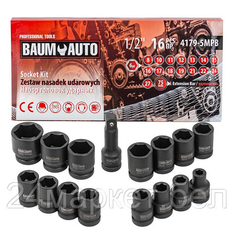 BM-4179-5MPB Baum Auto Набор головок 16пр.1/2" (8-10-11-12-13-14-15-16-17-18-19-21-22-24-27)+удлинитель 75мм)в, фото 2