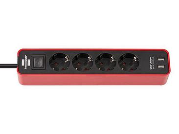 BRENNENSTUHL Китай Удлинитель 1.5м (4 роз., 3.3кВт, с/з, 2 USB порта, выкл., ПВС) черный/красный Brennenstuhl