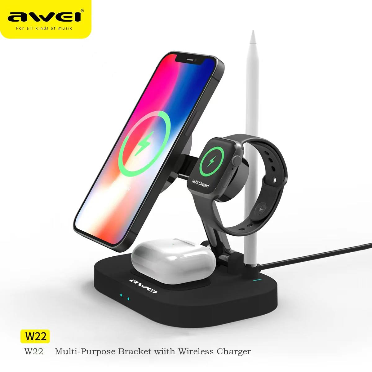 Cкладная беспроводная зарядная станция Awei W22 4 в 1 (телефон,часы,наушники,стилус) 15w
