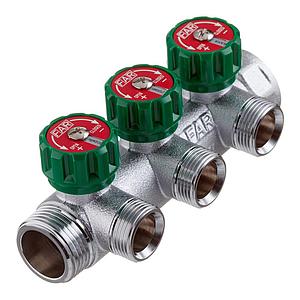 Коллектор регулирующий проходной 3/4" (ВР-НР) с 3 отводами 1/2" НР под плоское уплотнение MULTIFAR FAR арт. FK