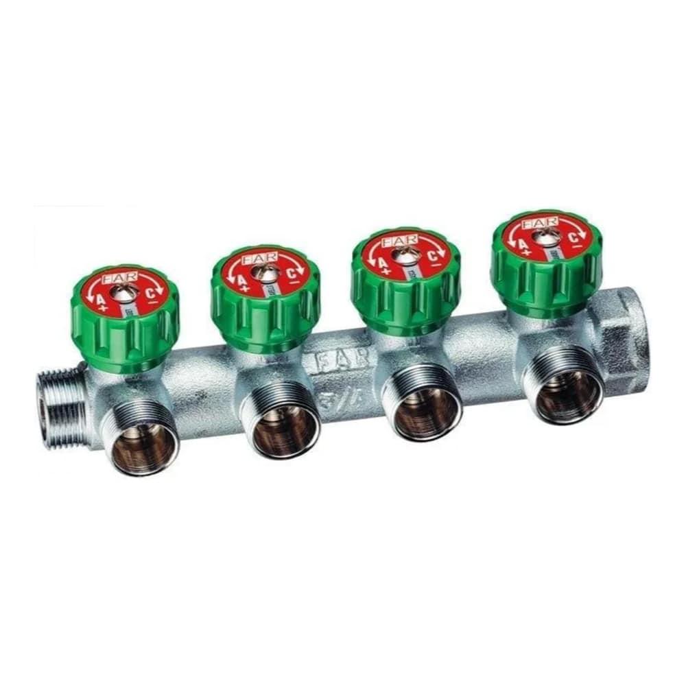 Коллектор регулирующий проходной 3/4" (ВР-НР) с 4 отводами 1/2" НР под плоское уплотнение MULTIFAR FAR арт. FK