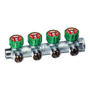 Коллектор регулирующий проходной 3/4" (ВР-НР) с 4 отводами 1/2" НР под плоское уплотнение MULTIFAR FAR арт. FK