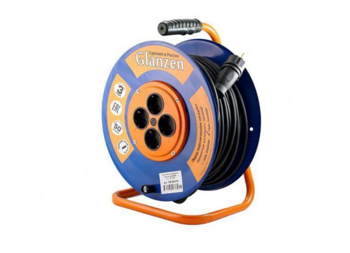 Сетевой удлинитель электрический на катушке 50 метров GLANZEN EB-50-010 с заземлением 4 розетки