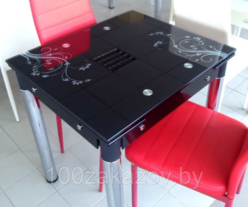 Стеклянный красный стол 1000/1000*750. Раскладной стол трансформер B-07 - фото 5 - id-p34587770