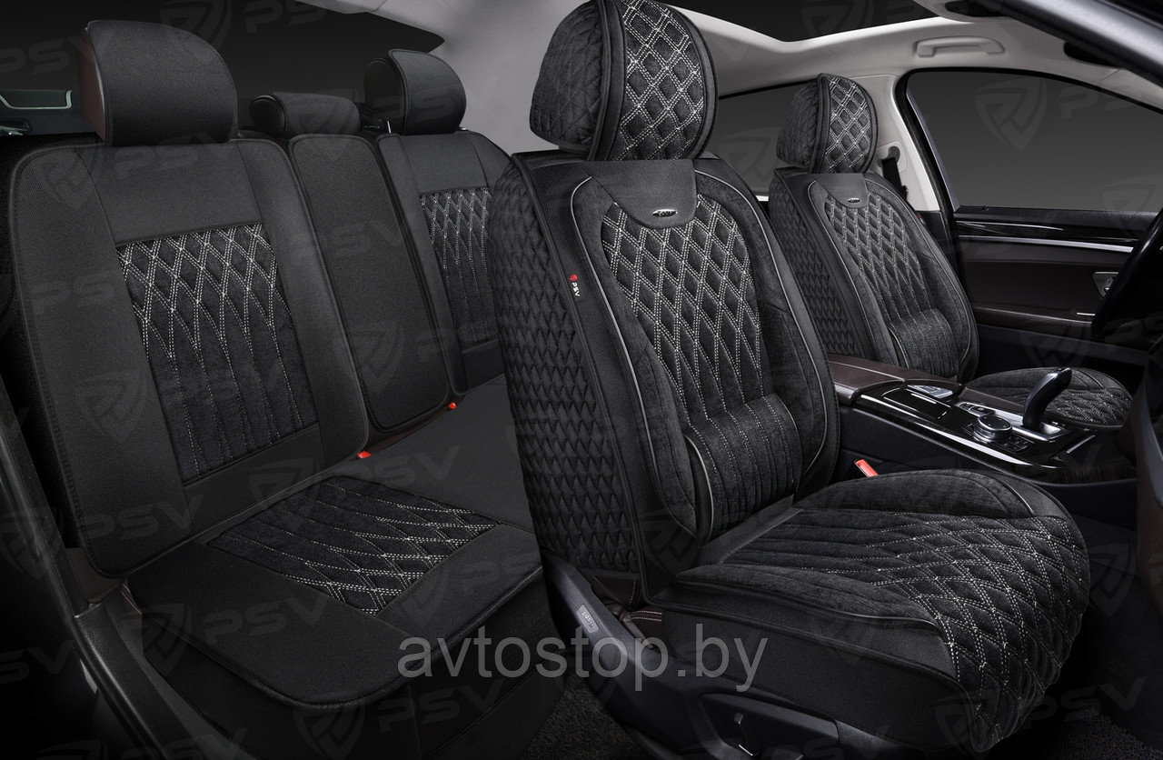 Накидки-чехлы 5D PSV Galant Velvet Skin (Черный/Отстрочка Белая) комплект на весь салон, вельвет + мокрая кожа